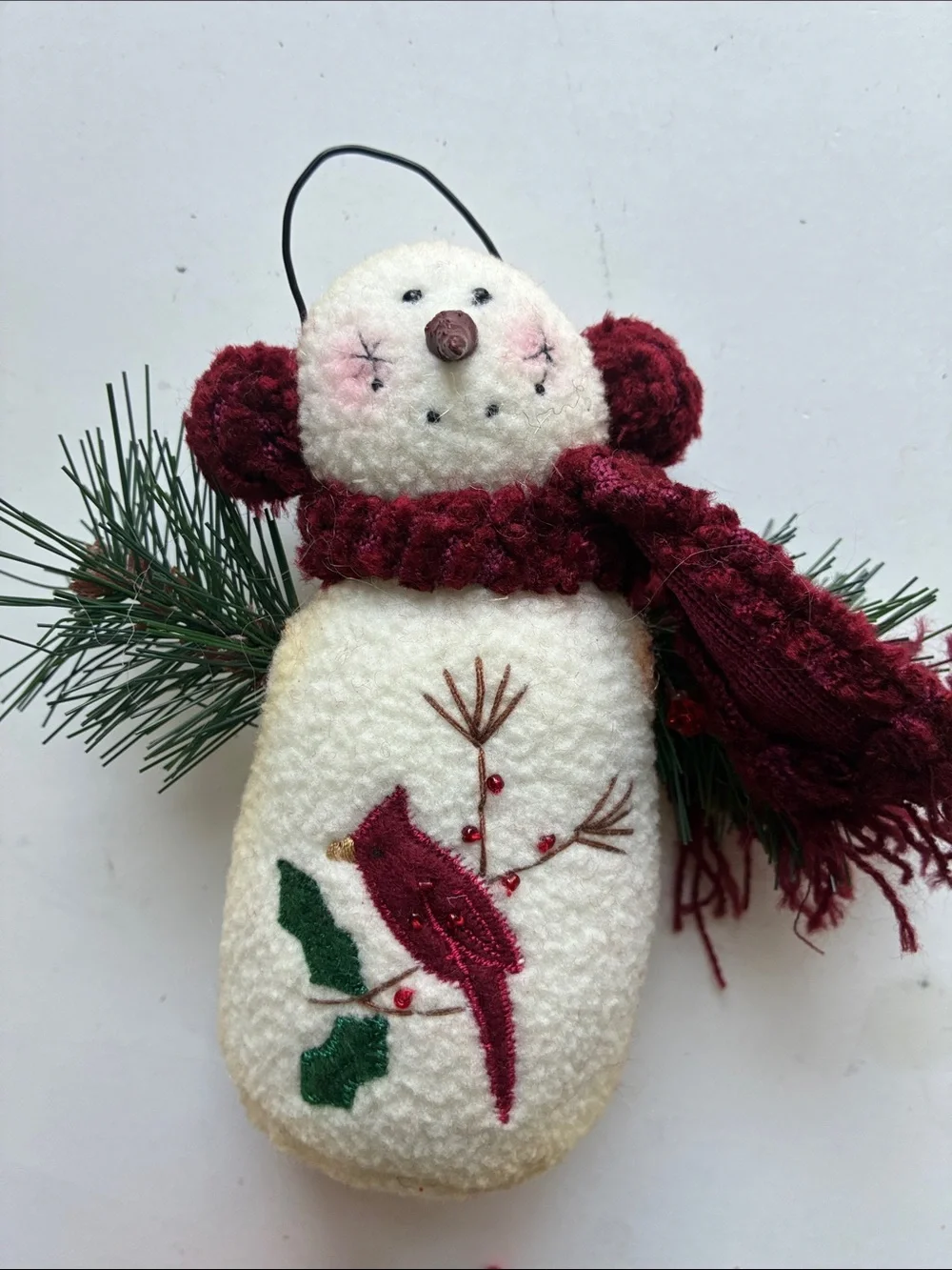Vintage Handmade Holiday Felt Snowman and Wool Bear Ornaments Set of 2